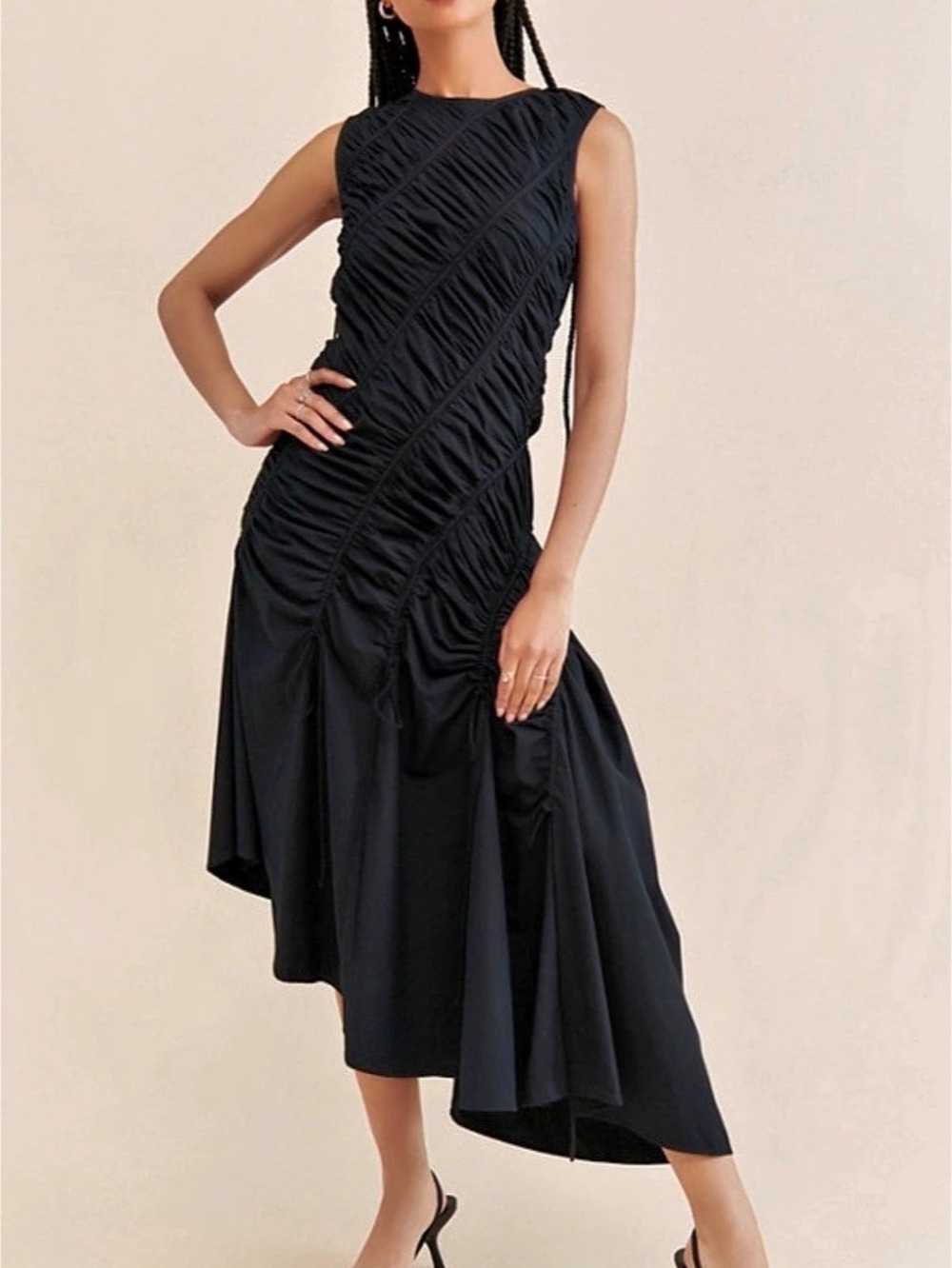 Anthropologie— Let me be— Ruched Asymmetrical Hem Midi Dress